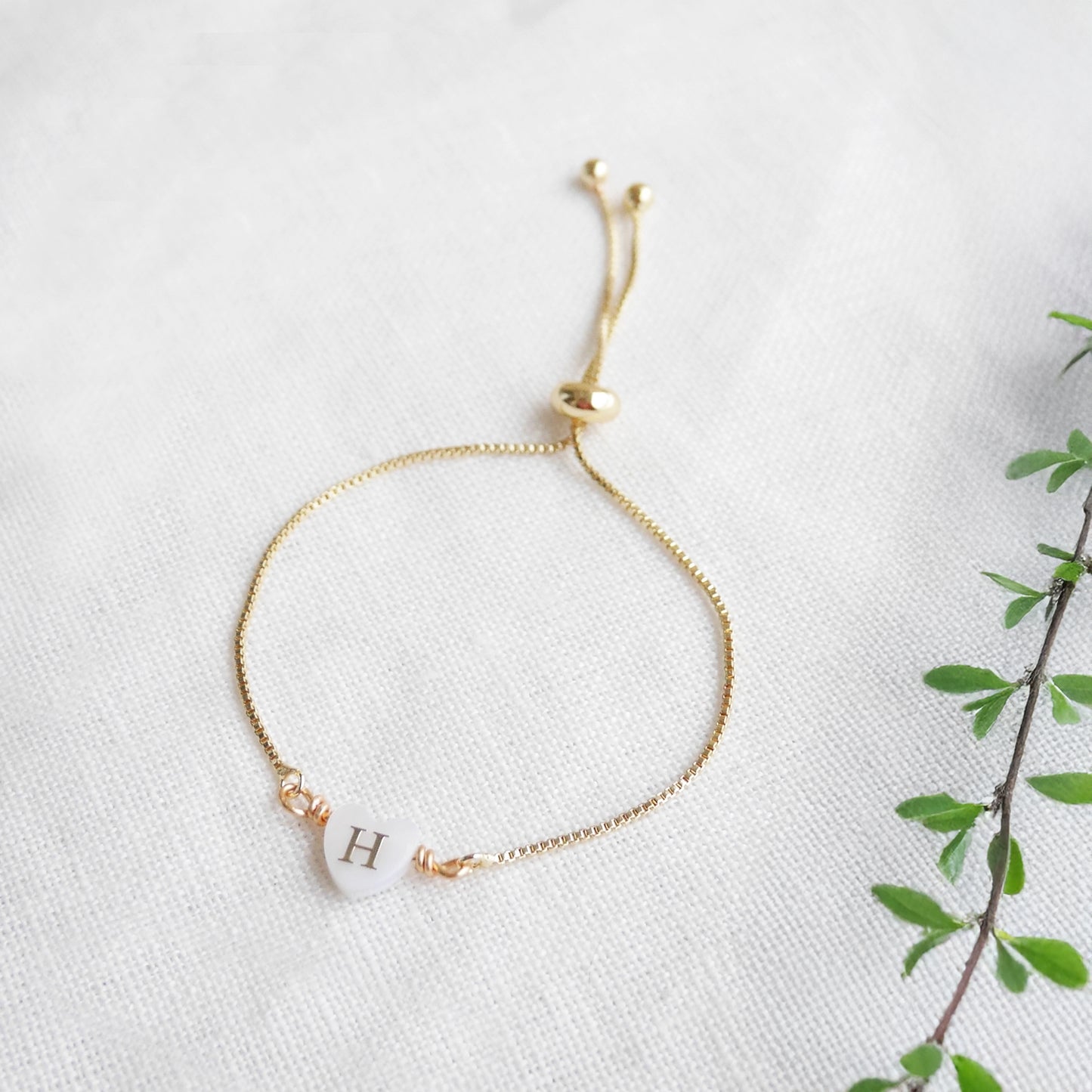 Adjustable initial heart bracelet - gold box chain slider with letter bead, personalized gift