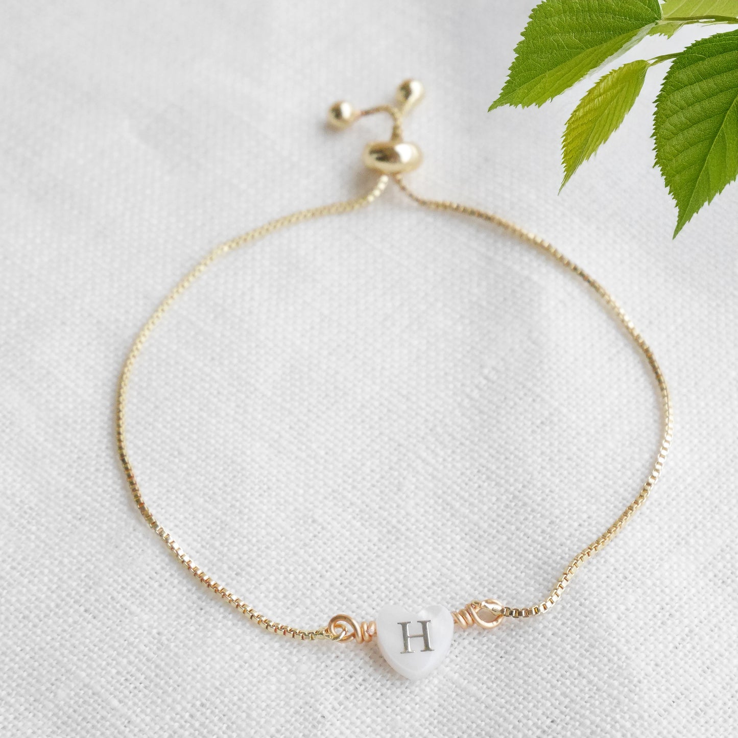 Adjustable initial heart bracelet - gold box chain slider with letter bead, personalized gift