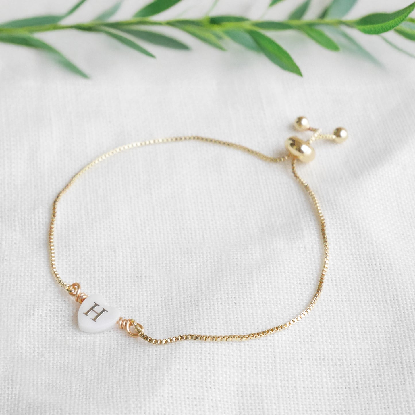 Adjustable initial heart bracelet - gold box chain slider with letter bead, personalized gift