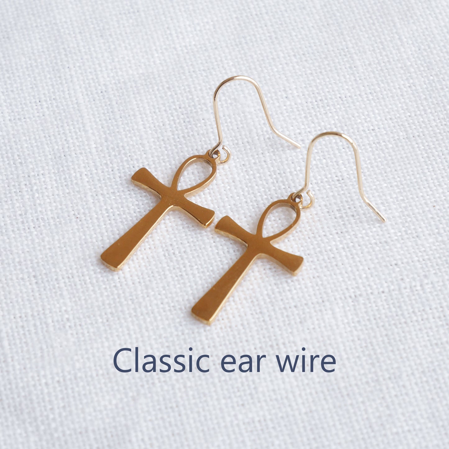 Ankh earrings - Egyptian symbol jewelry, gold charm huggie hoop gift for her