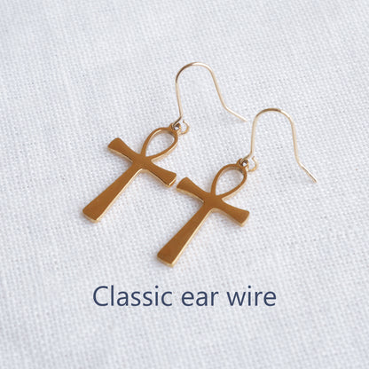 Ankh earrings - Egyptian symbol jewelry, gold charm huggie hoop gift for her