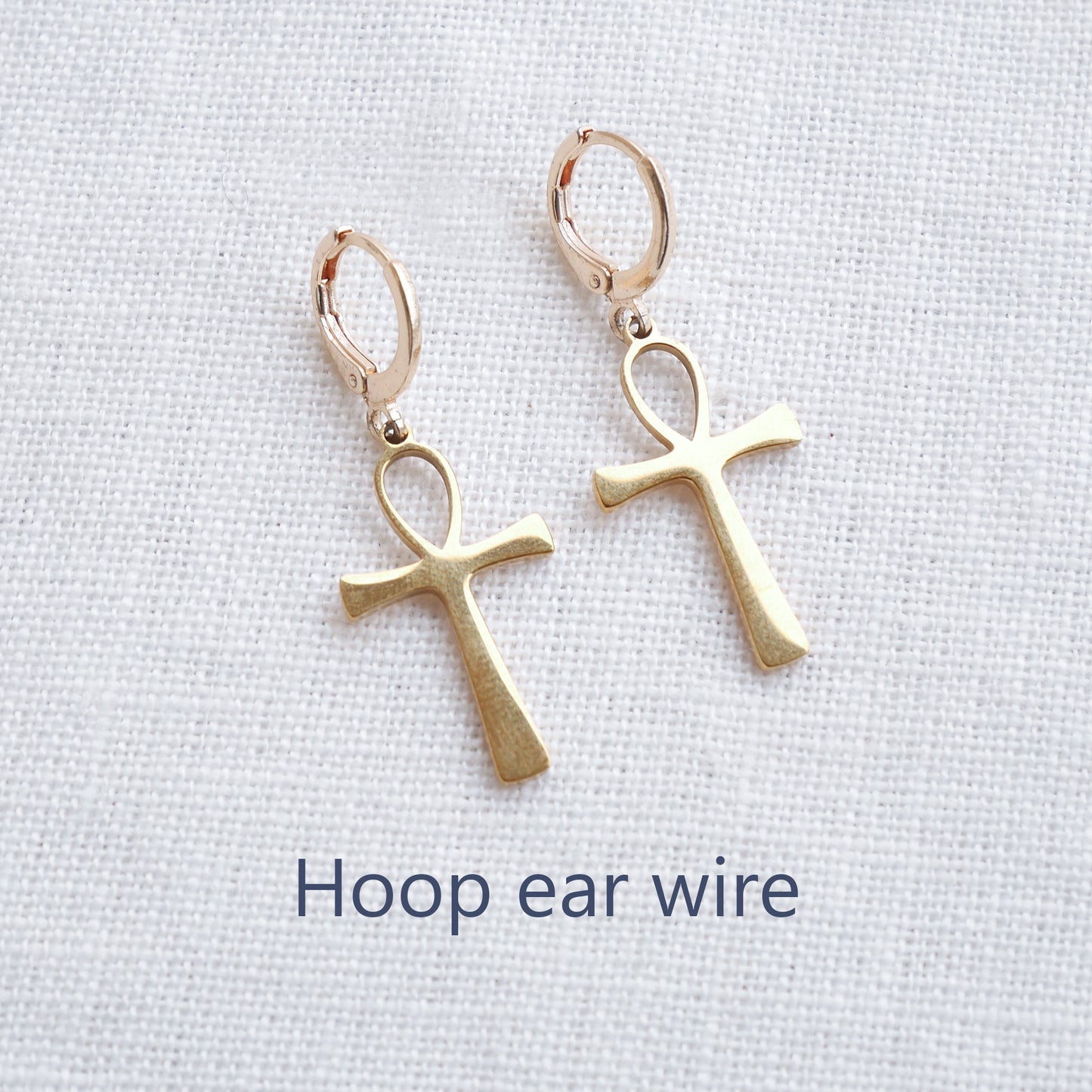 Ankh earrings - Egyptian symbol jewelry, gold charm huggie hoop gift for her