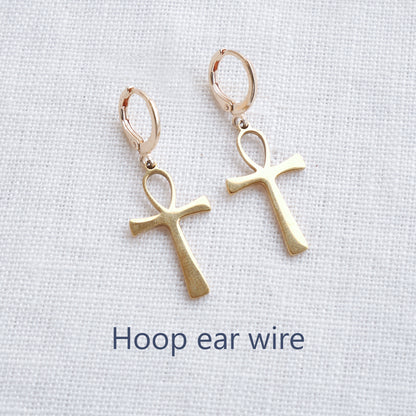 Ankh earrings - Egyptian symbol jewelry, gold charm huggie hoop gift for her