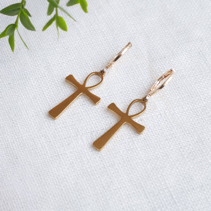 Ankh earrings - Egyptian symbol jewelry, gold charm huggie hoop gift for her