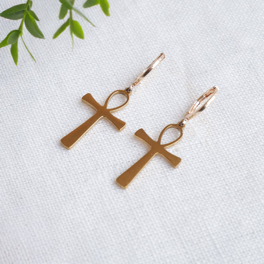 Ankh earrings - Egyptian symbol jewelry, gold charm huggie hoop gift for her