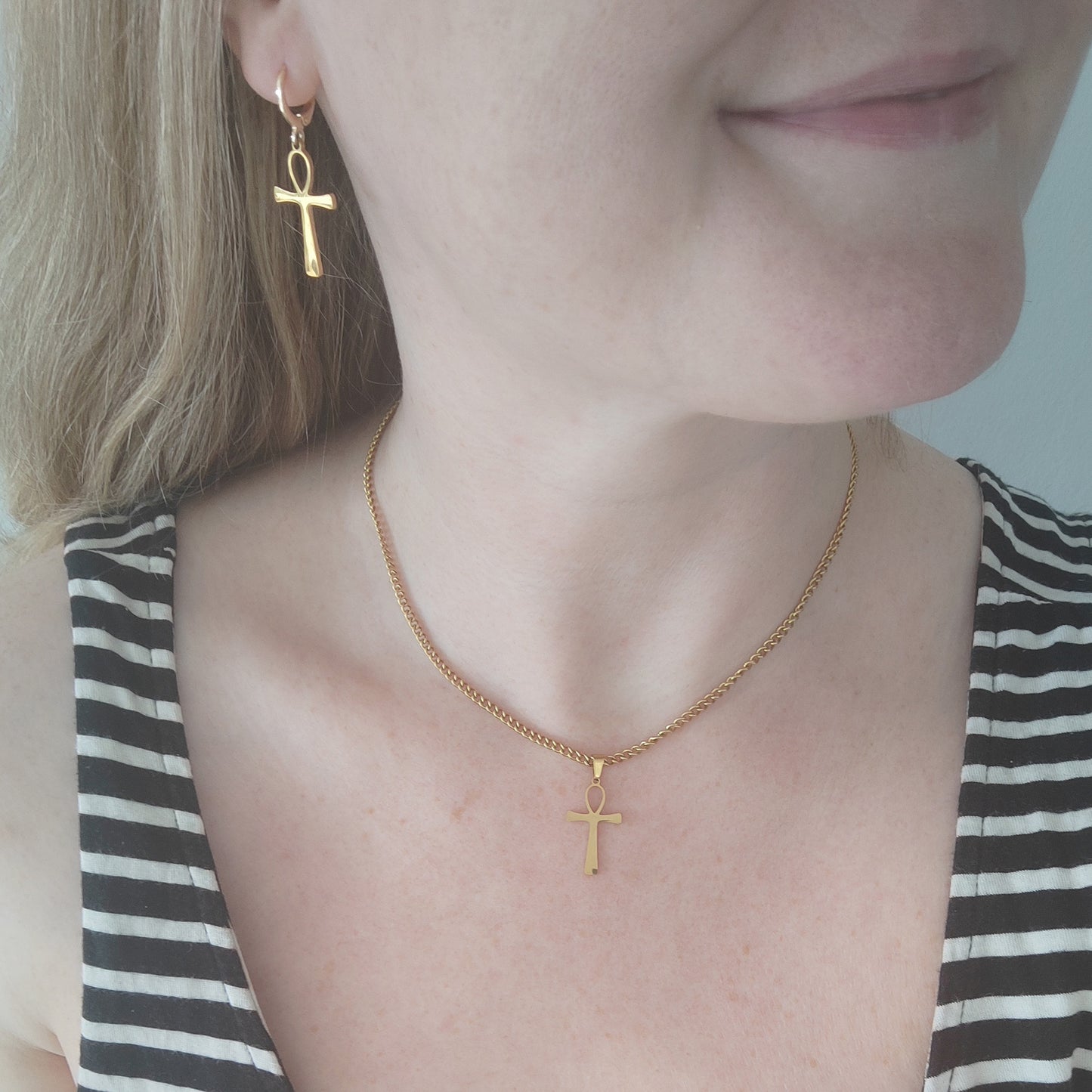 Ankh earrings - Egyptian symbol jewelry, gold charm huggie hoop gift for her