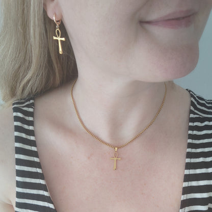 Ankh earrings - Egyptian symbol jewelry, gold charm huggie hoop gift for her