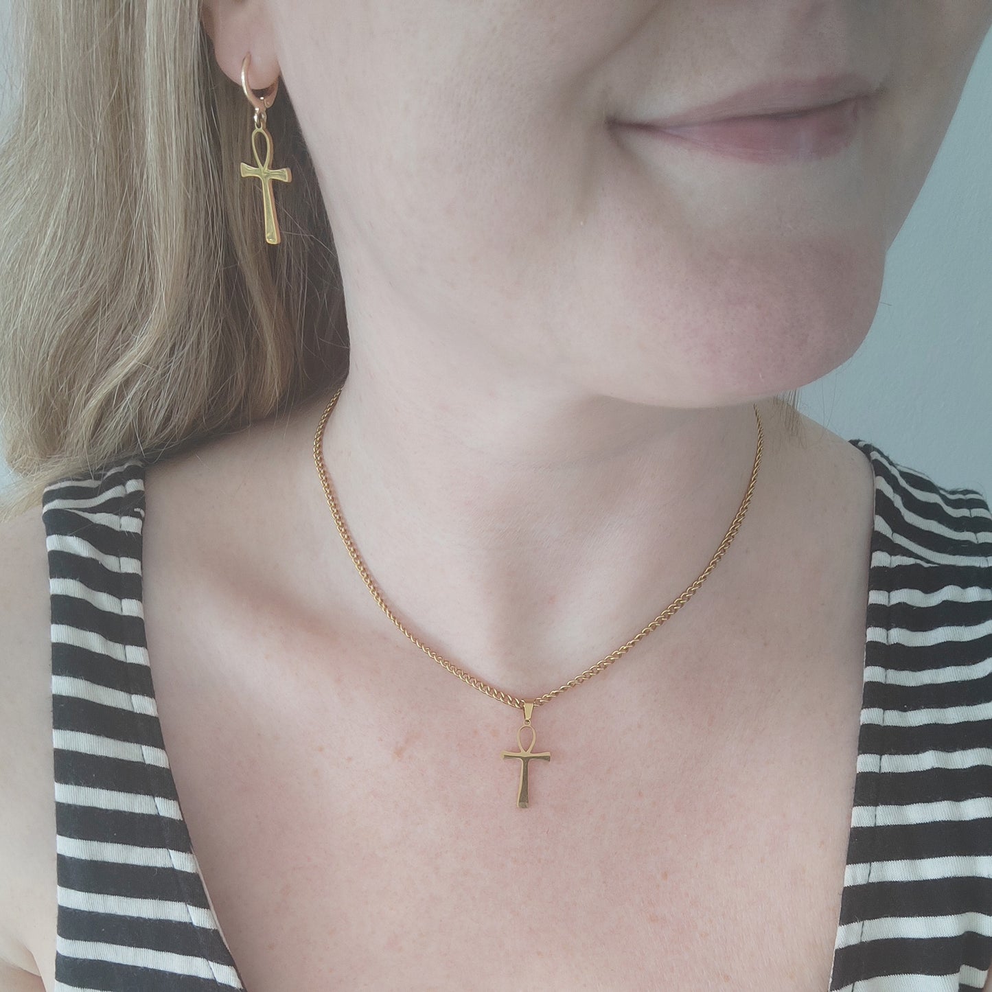 Ankh earrings - Egyptian symbol jewelry, gold charm huggie hoop gift for her