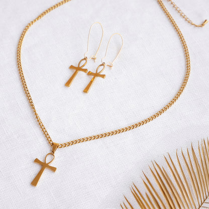 Ankh earrings - Egyptian symbol jewelry, gold charm huggie hoop gift for her