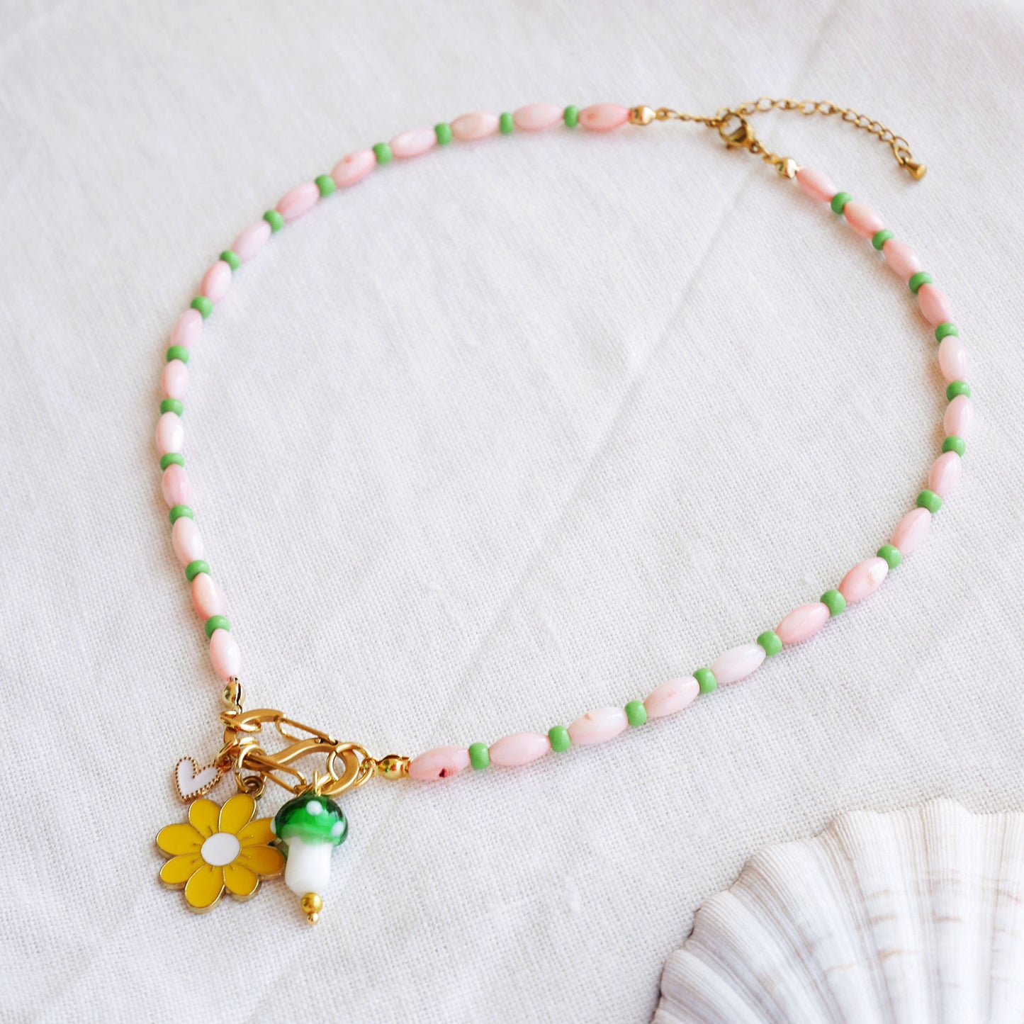 Beaded pick your charms necklace - pink shell beads carabiner choker, S-shape front lock, personalized gift for her