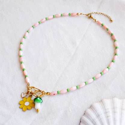 Beaded pick your charms necklace - pink shell beads carabiner choker, S-shape front lock, personalized gift for her