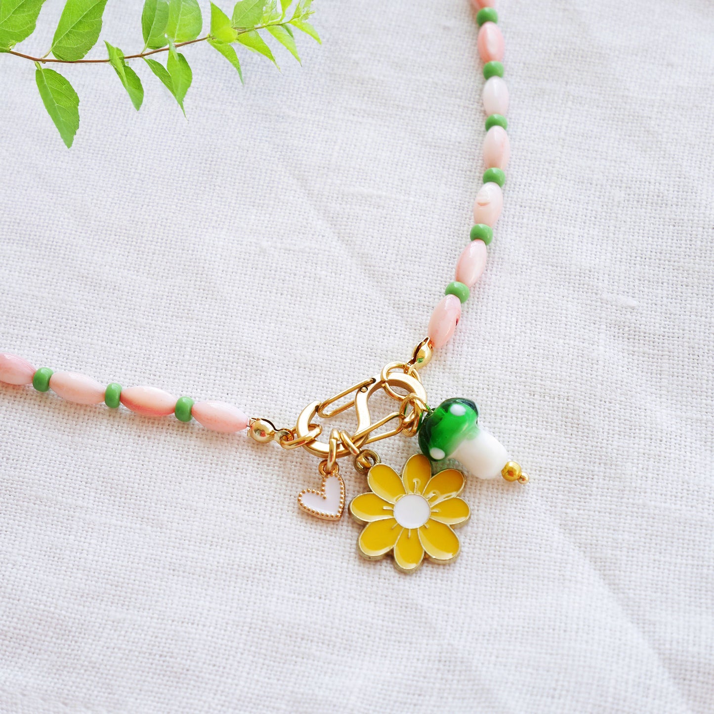 Beaded pick your charms necklace - pink shell beads carabiner choker, S-shape front lock, personalized gift for her