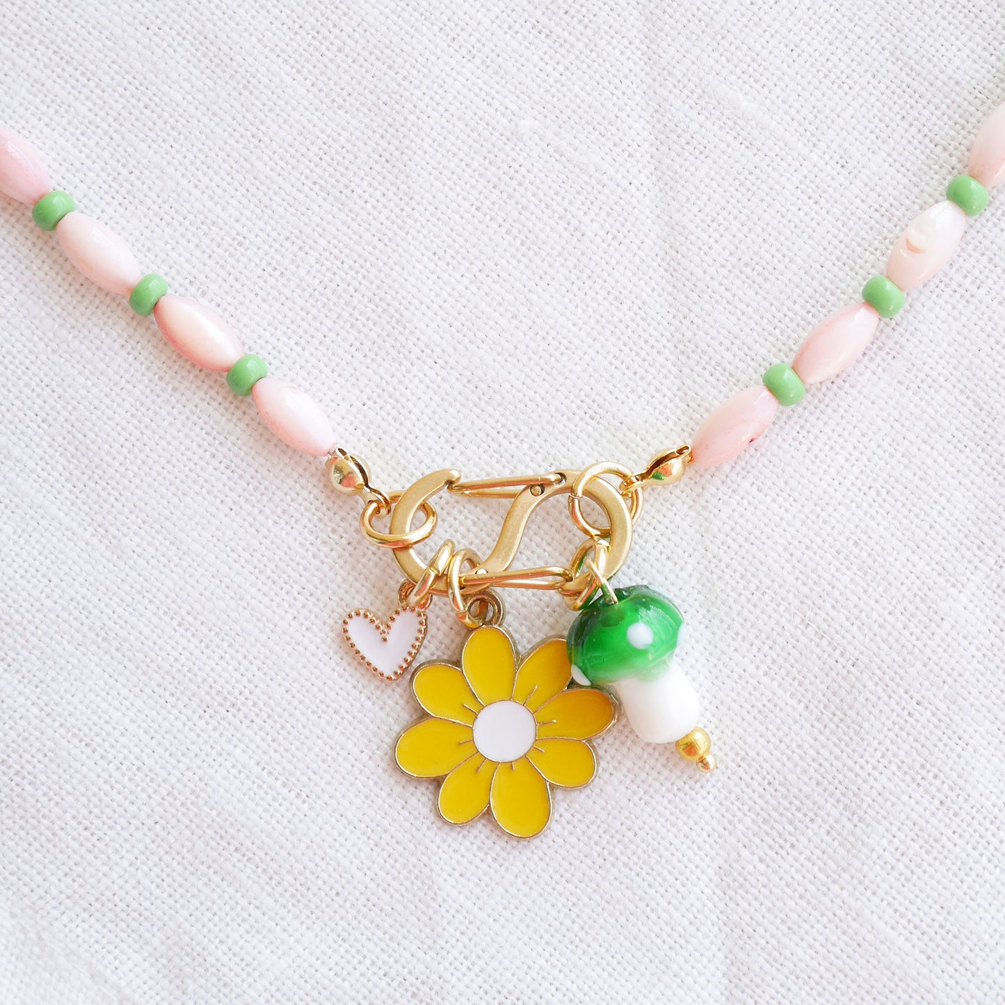 Beaded pick your charms necklace - pink shell beads carabiner choker, S-shape front lock, personalized gift for her