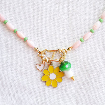 Beaded pick your charms necklace - pink shell beads carabiner choker, S-shape front lock, personalized gift for her