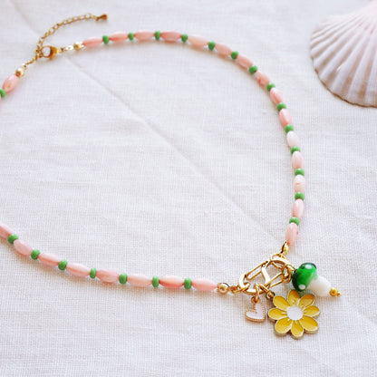 Beaded pick your charms necklace - pink shell beads carabiner choker, S-shape front lock, personalized gift for her