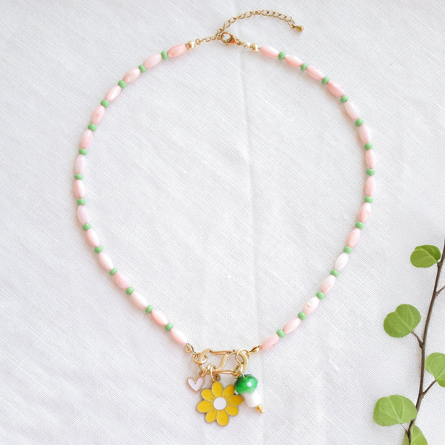 Beaded pick your charms necklace - pink shell beads carabiner choker, S-shape front lock, personalized gift for her