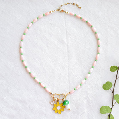 Beaded pick your charms necklace - pink shell beads carabiner choker, S-shape front lock, personalized gift for her