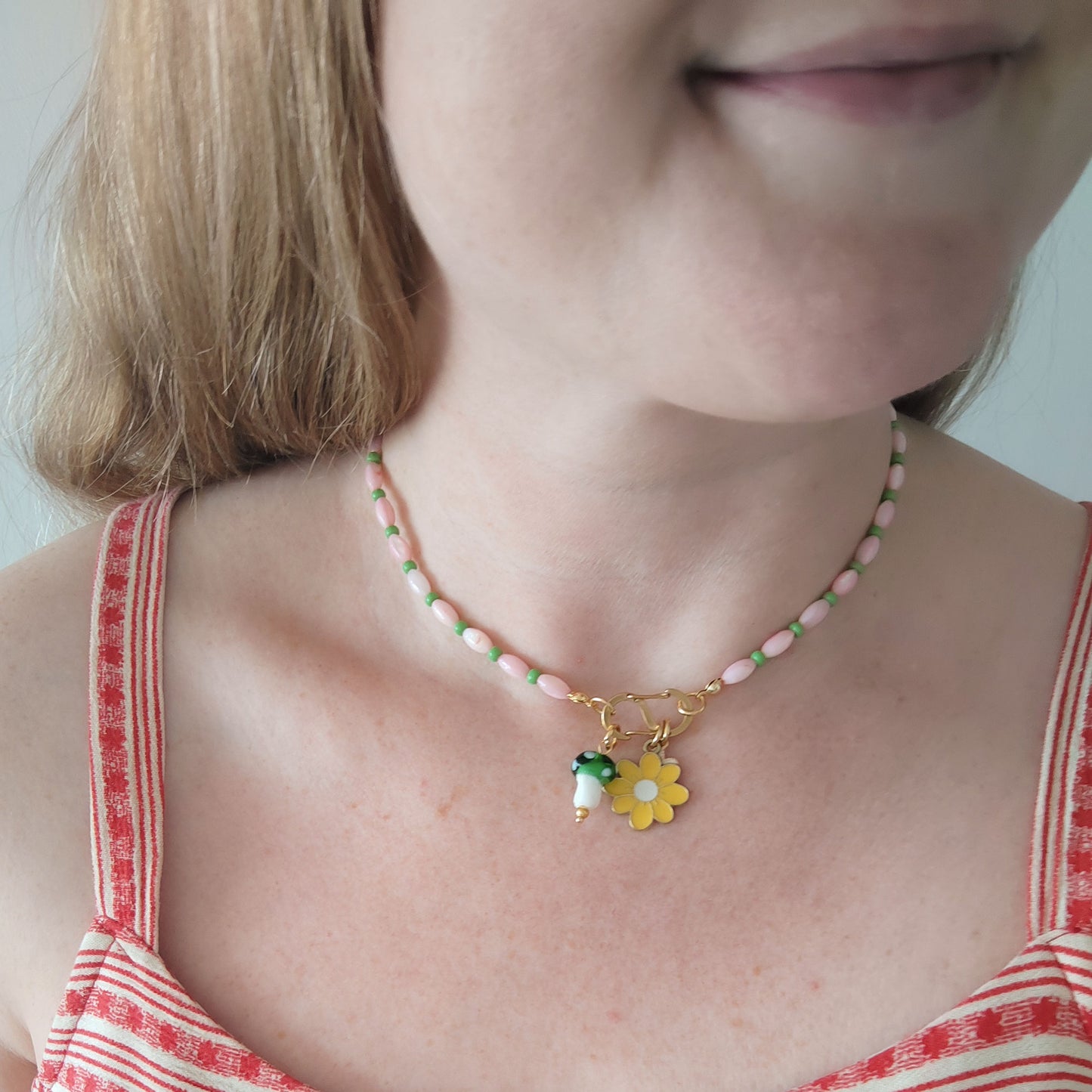 Beaded pick your charms necklace - pink shell beads carabiner choker, S-shape front lock, personalized gift for her