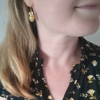 Bee earrings - boho gold jewelry gift for her, cute quirky summer drop dangle