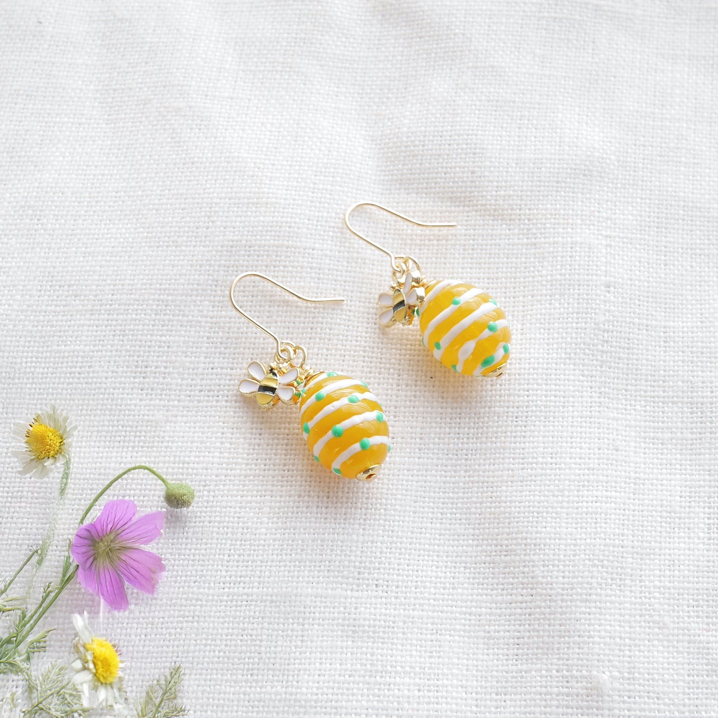 Bee earrings - boho gold jewelry gift for her, cute quirky summer drop dangle