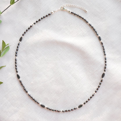 Black hematite necklace - minimalist unisex beaded jewelry,  sleek modern gift for him or her