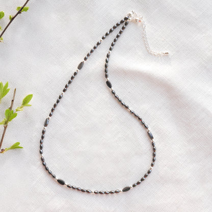 Black hematite necklace - minimalist unisex beaded jewelry,  sleek modern gift for him or her