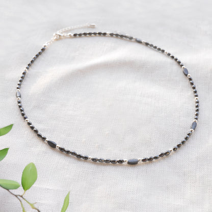 Black hematite necklace - minimalist unisex beaded jewelry,  sleek modern gift for him or her