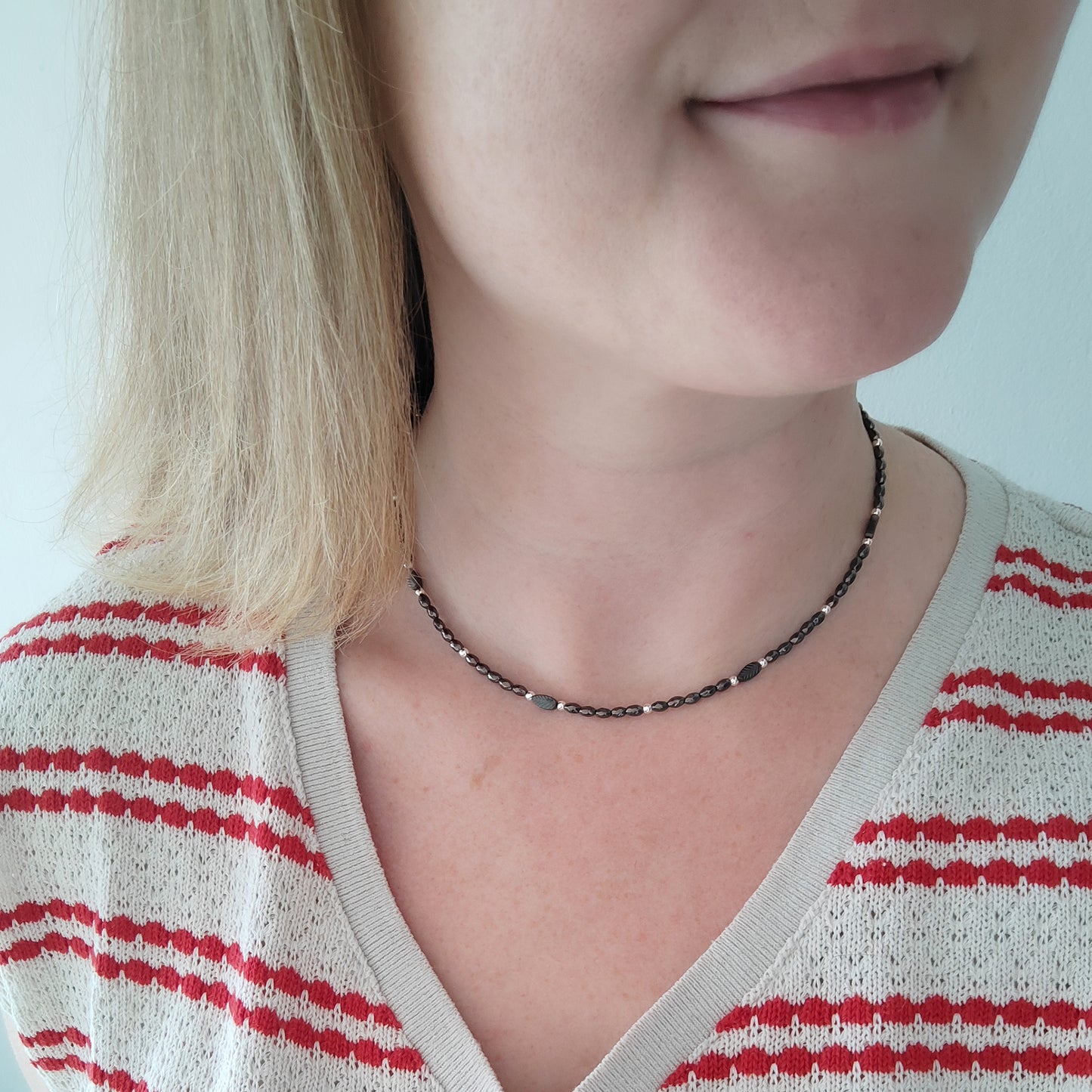 Black hematite necklace - minimalist unisex beaded jewelry,  sleek modern gift for him or her