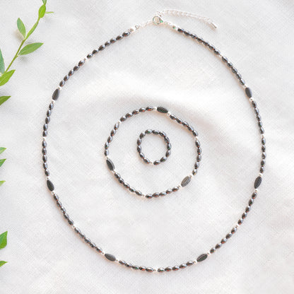 Black hematite necklace - minimalist unisex beaded jewelry,  sleek modern gift for him or her