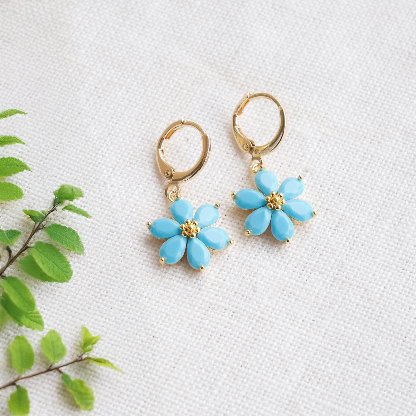 Blue flower earrings – forget-me-not hoops, dainty gold drop gift for her