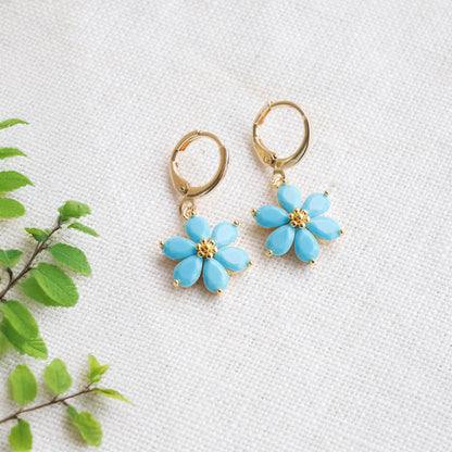 Blue flower earrings – forget-me-not hoops, dainty gold drop gift for her