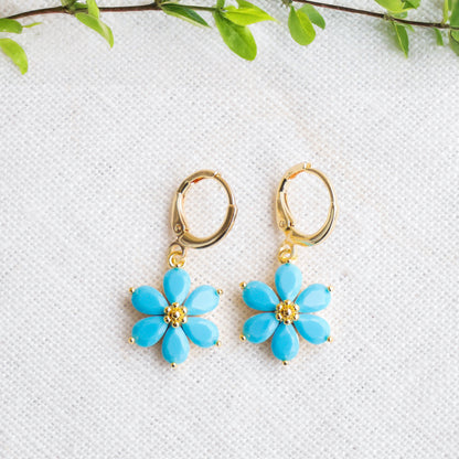 Blue flower earrings – forget-me-not hoops, dainty gold drop gift for her