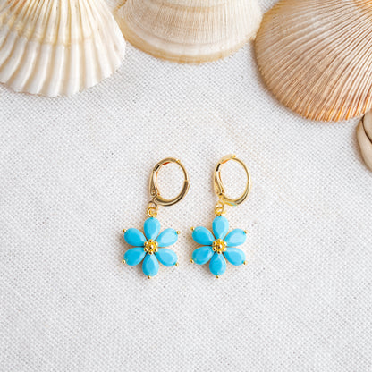 Blue flower earrings – forget-me-not hoops, dainty gold drop gift for her