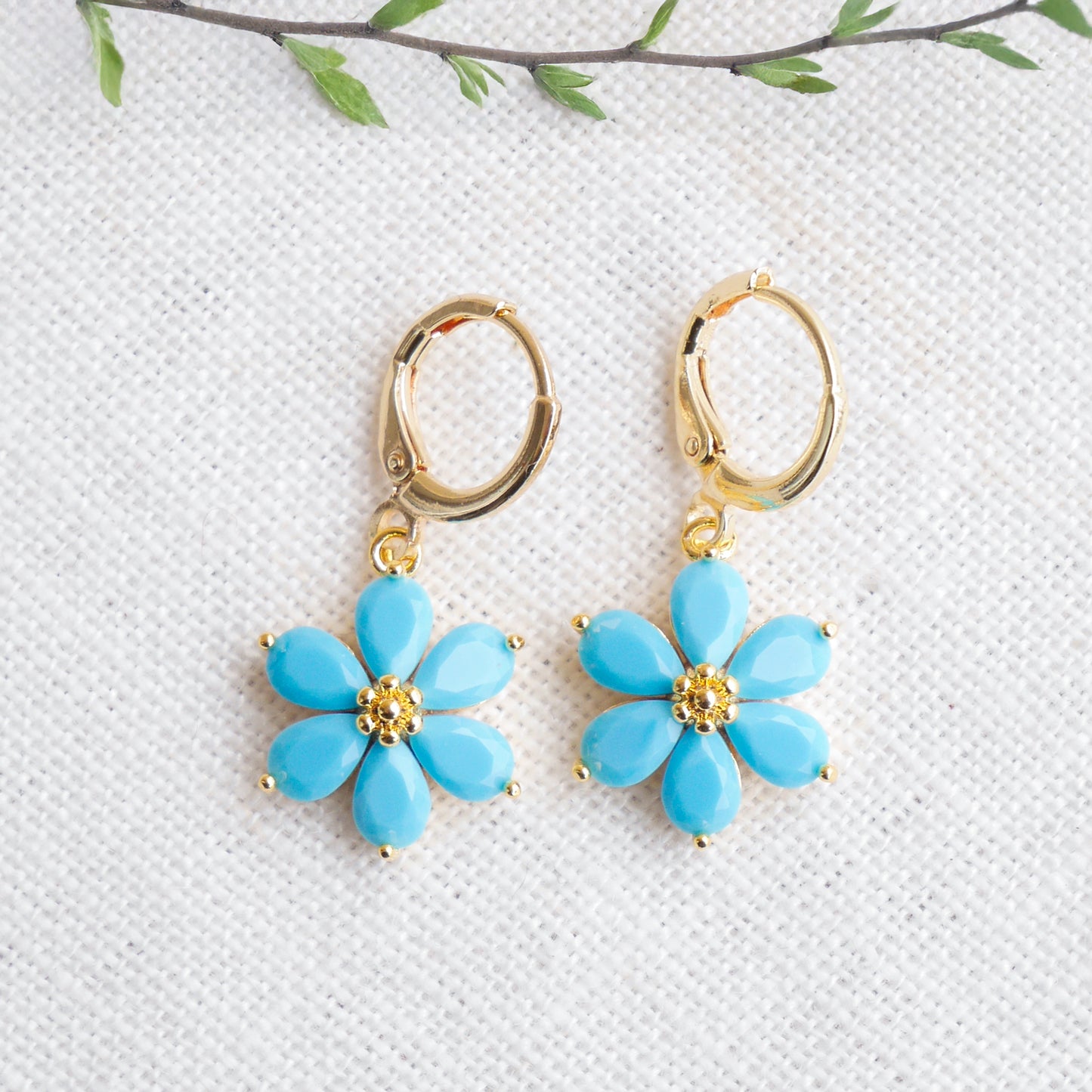 Blue flower earrings – forget-me-not hoops, dainty gold drop gift for her