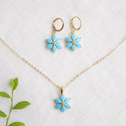 Blue flower earrings – forget-me-not hoops, dainty gold drop gift for her