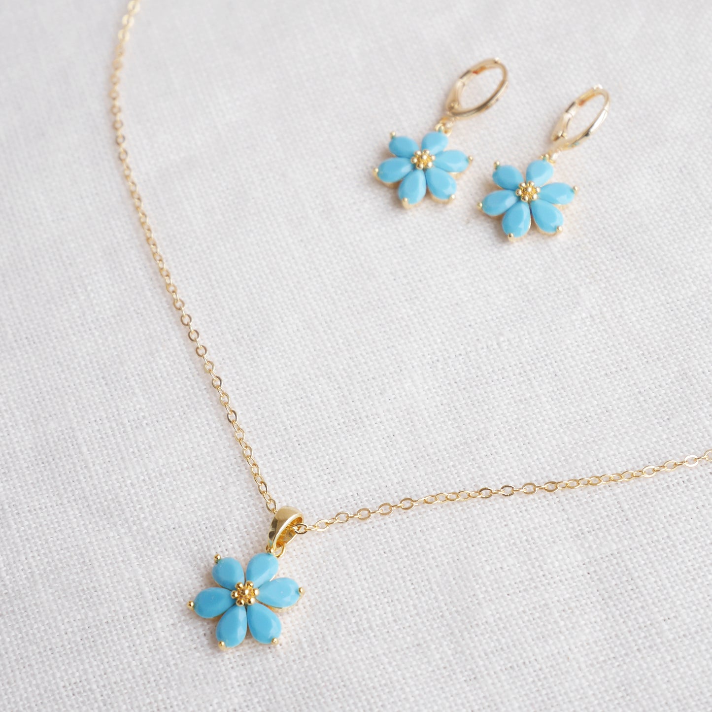 Blue flower earrings – forget-me-not hoops, dainty gold drop gift for her