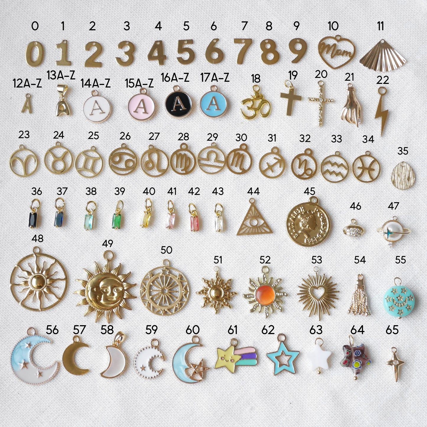 Lots of colorful and gold charms.