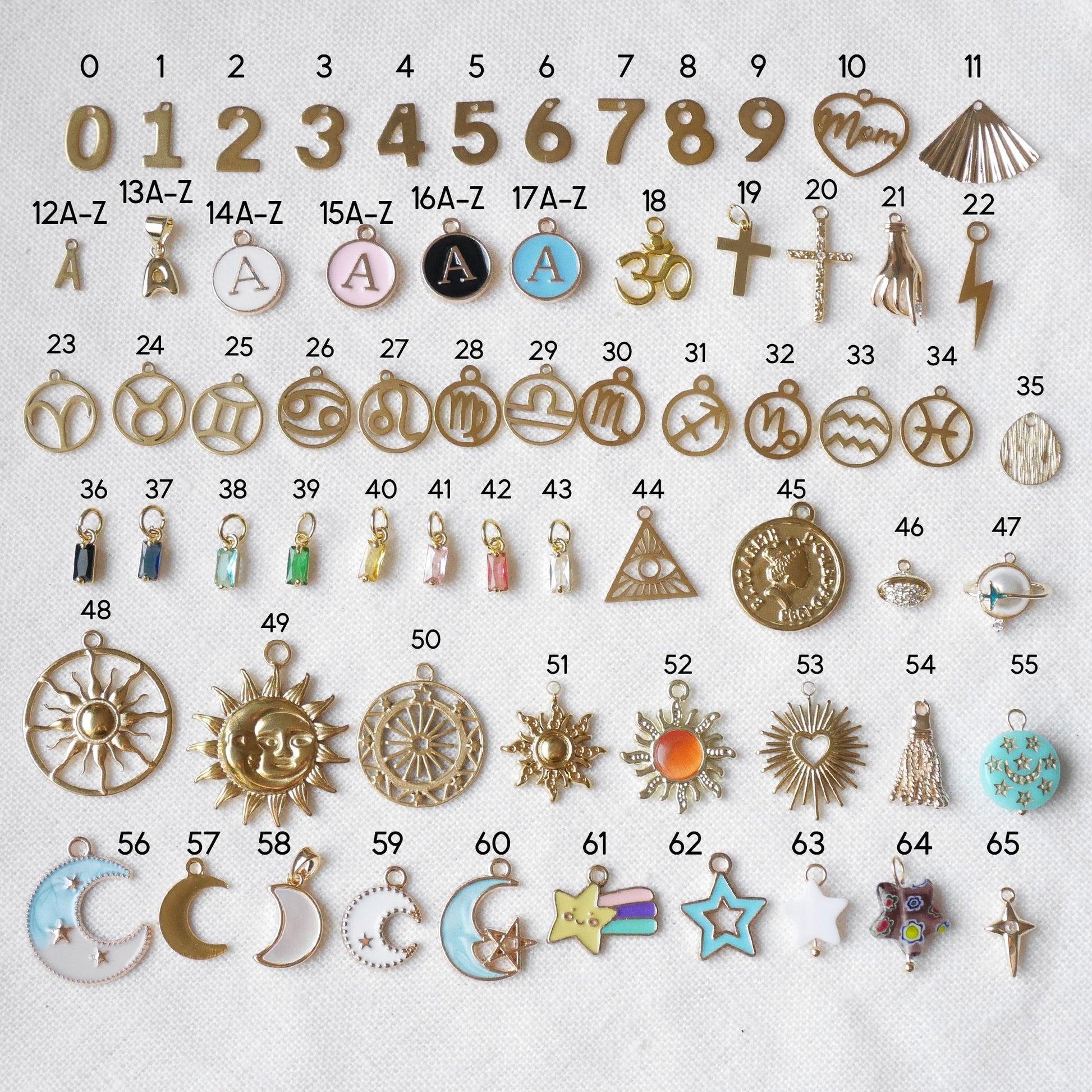 Lots of colorful and gold charms.