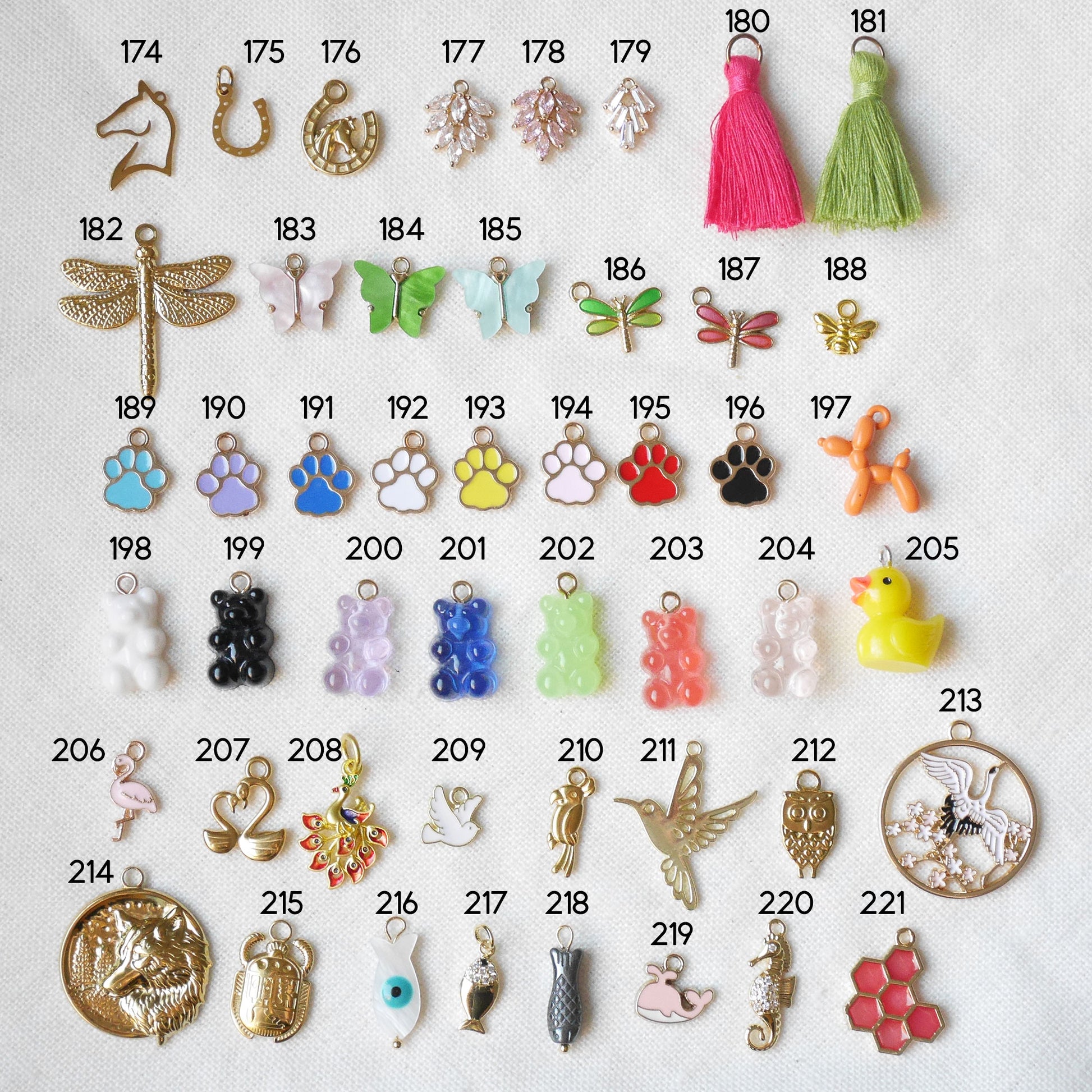 Lots of colorful and gold charms.
