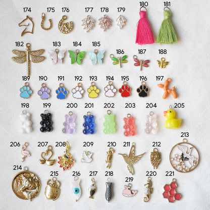Lots of colorful and gold charms.