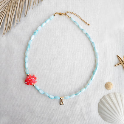 Colorful summer necklace – turquoise shell beads, red fish and bubble initial