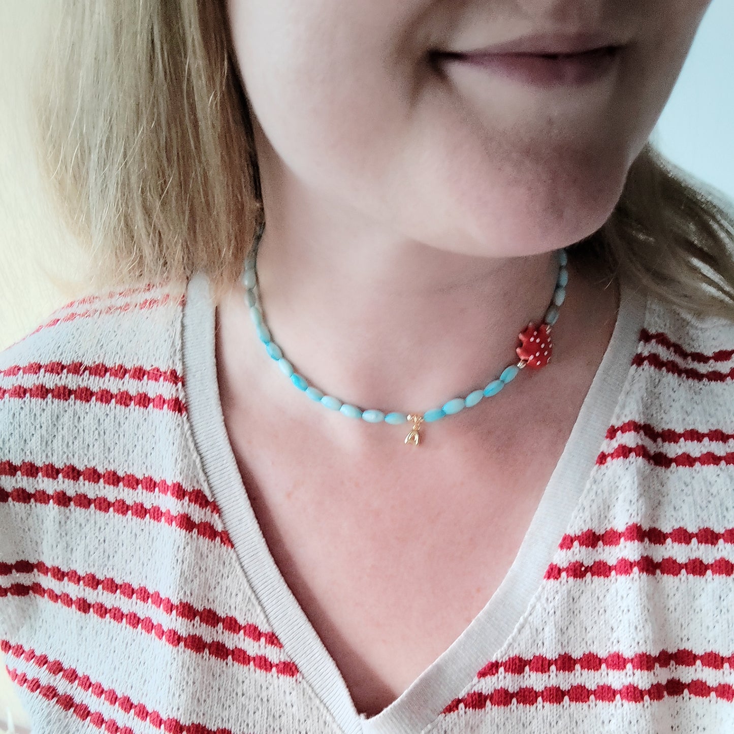 Colorful summer necklace – turquoise shell beads, red fish and bubble initial