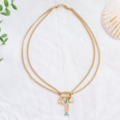 Double chain custom charm necklace - build your own personalised gold jewelry, carabiner keeper, gift for her