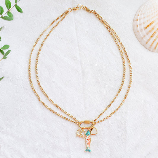 Double chain custom charm necklace - build your own personalised gold jewelry, carabiner keeper, gift for her
