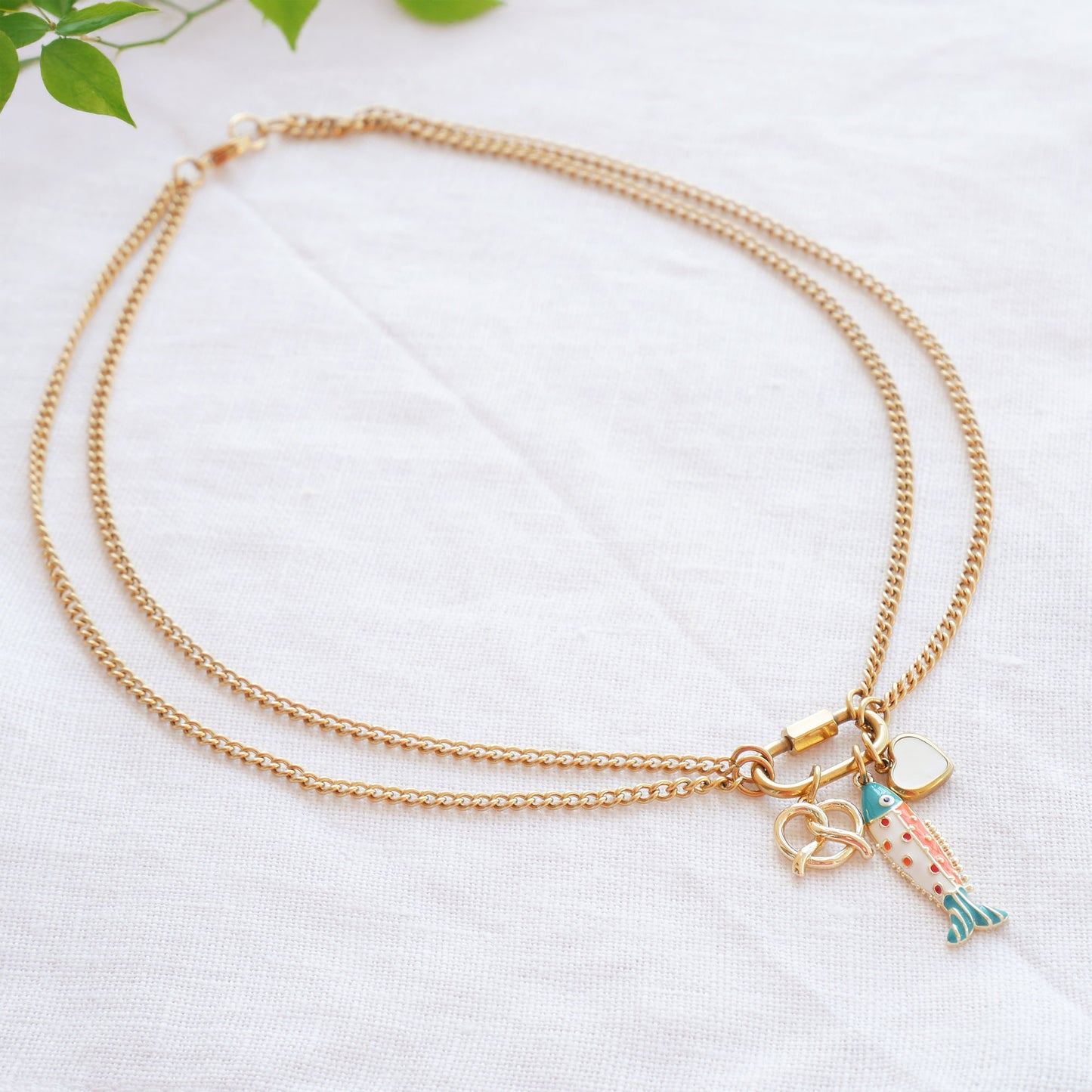 Double chain custom charm necklace - build your own personalised gold jewelry, carabiner keeper, gift for her