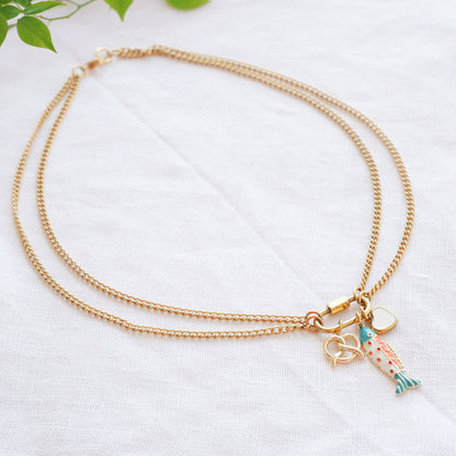 Double chain custom charm necklace - build your own personalised gold jewelry, carabiner keeper, gift for her