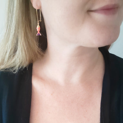 Fish earrings - gold sardine charm jewelry, handmade salmon pendant gift for her