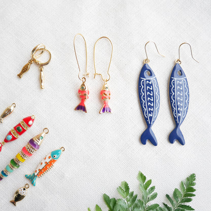 Fish earrings - gold sardine charm jewelry, handmade salmon pendant gift for her