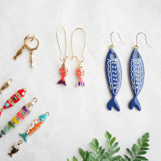 Fish earrings - gold sardine charm jewelry, handmade salmon pendant gift for her