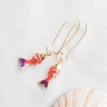 Fish earrings - gold sardine charm jewelry, handmade salmon pendant gift for her